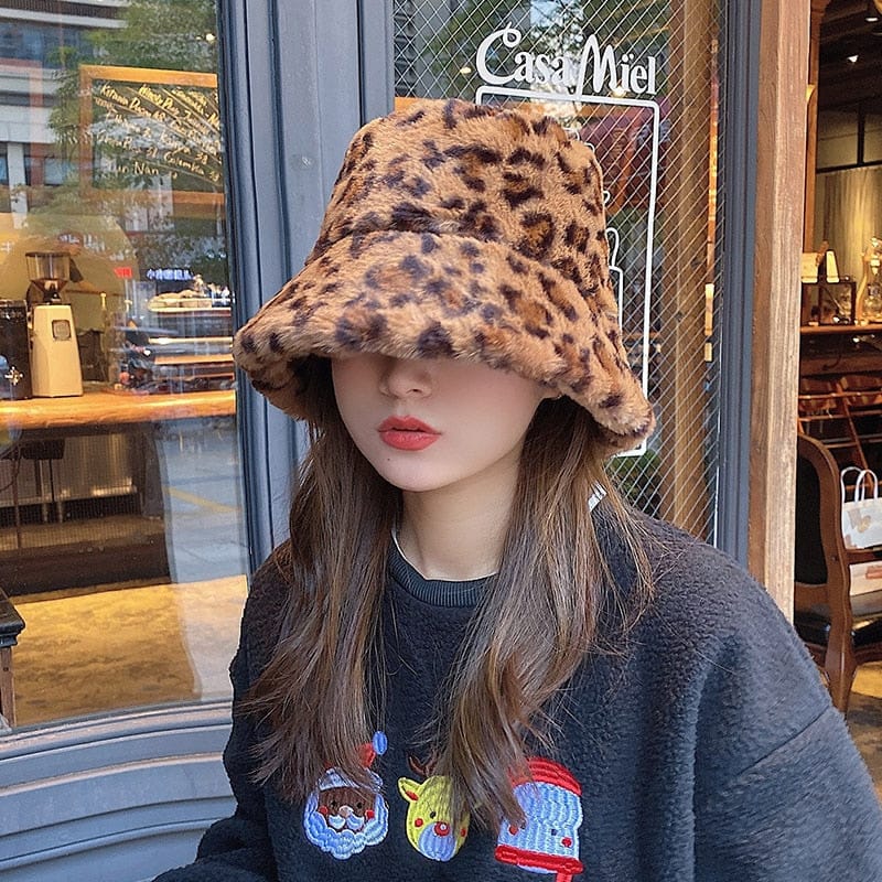 Leopard Print Plush Bucket Hat Clothing and Accessories The Kawaii Shoppu