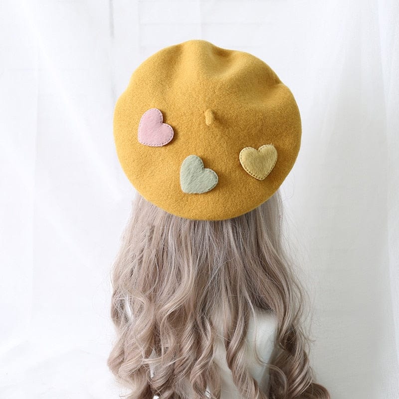 Little Love Candy Beret yellow pastel hearts 56-58CM Fashion The Kawaii Shoppu