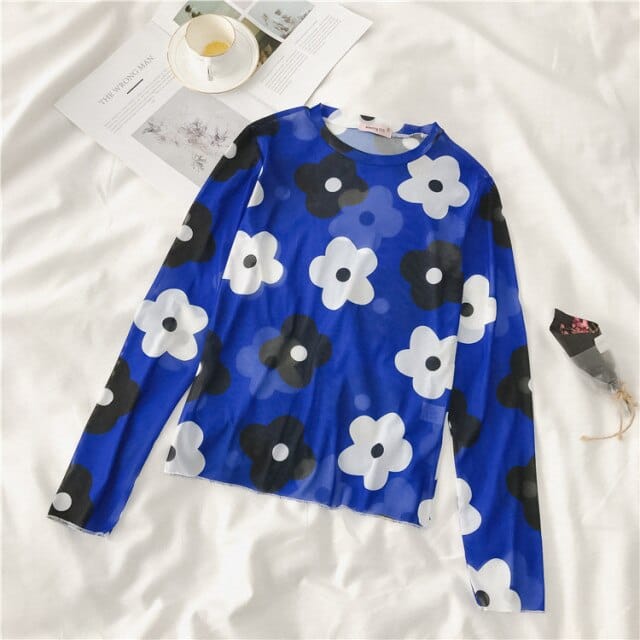 Long Sleeve Kawaii Print Top blue big flower One Size Fashion The Kawaii Shoppu