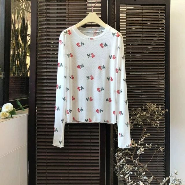 Long Sleeve Kawaii Print Top cherry One Size Fashion The Kawaii Shoppu
