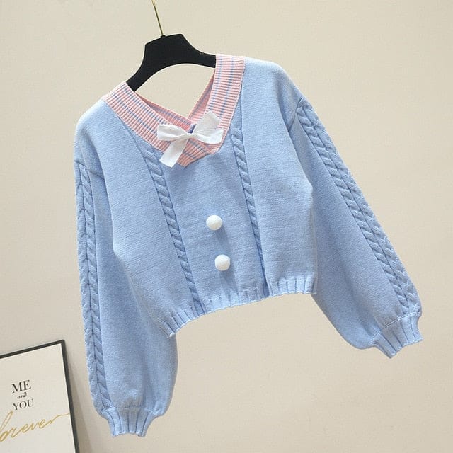 Lucy Lou Knit Crop Sweater One Size Blue Fashion The Kawaii Shoppu
