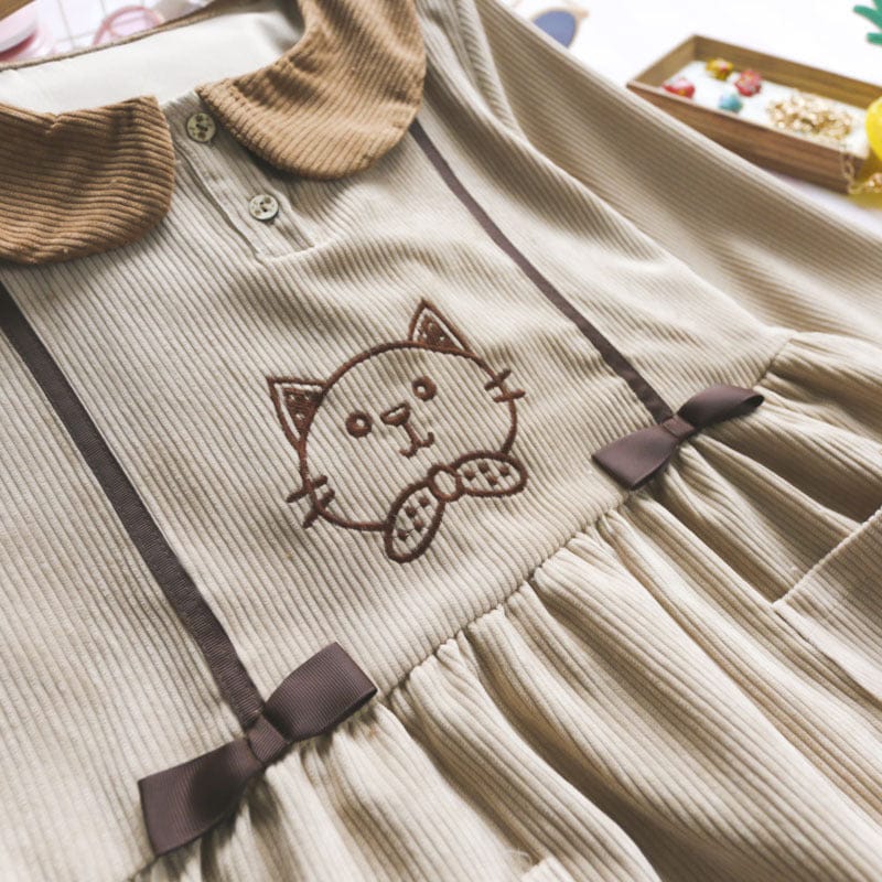 Mori Girl Kawaii Cat Corduroy Dress One Size Clothing and Accessories The Kawaii Shoppu