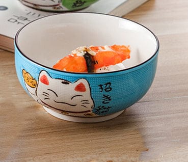 Multi-size Japanese Lucky Cat Round Ceramic Bowl 4.5 inch bowl Blue Kitchen The Kawaii Shoppu
