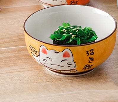 Multi-size Japanese Lucky Cat Round Ceramic Bowl 4.5 inch bowl Yellow Kitchen The Kawaii Shoppu