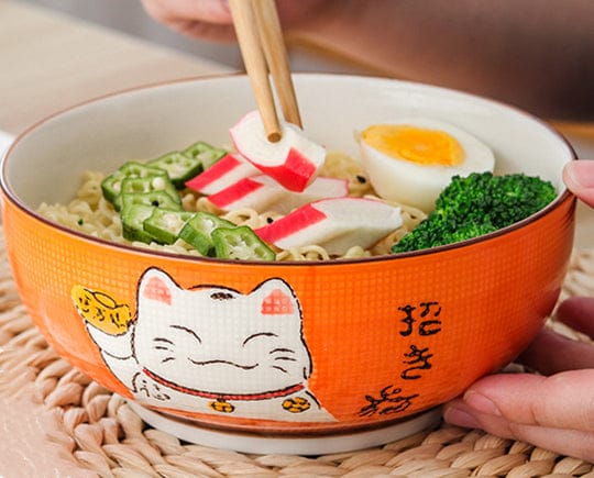 Multi-size Japanese Lucky Cat Round Ceramic Bowl 8 inch bowl Orange Kitchen The Kawaii Shoppu