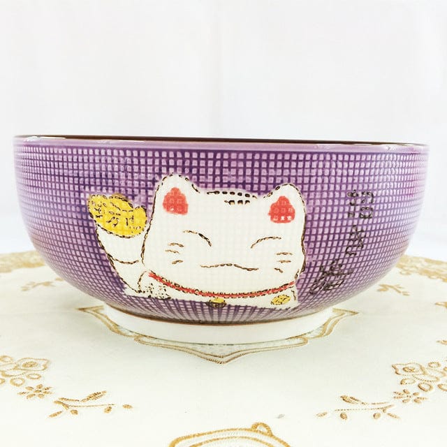 Multi-size Japanese Lucky Cat Round Ceramic Bowl 8 inch bowl Purple Kitchen The Kawaii Shoppu