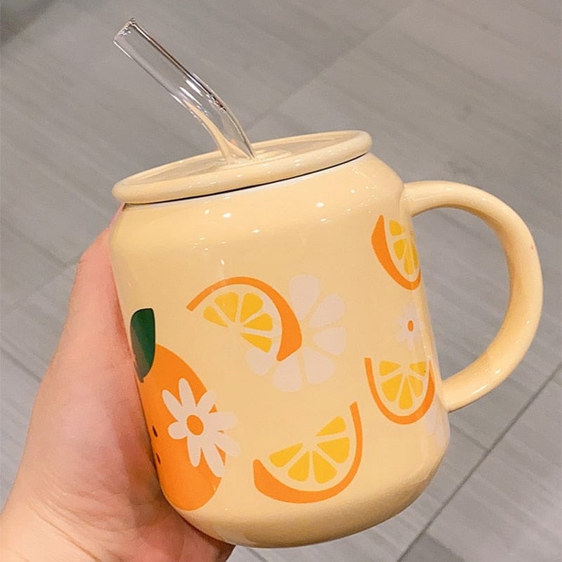 1pc Cute Fruit Design Ceramic Straw Cup With Lid And Spoon For Office,  Children And Coffee, Japanese Style