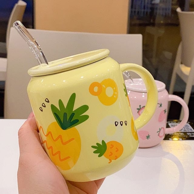 New Cute Fruit Ceramic Mug With Straw Pineapple Cup The Kawaii Shoppu