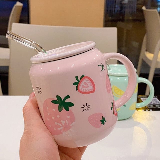 New Cute Fruit Ceramic Mug With Straw Strawberry Cup The Kawaii Shoppu