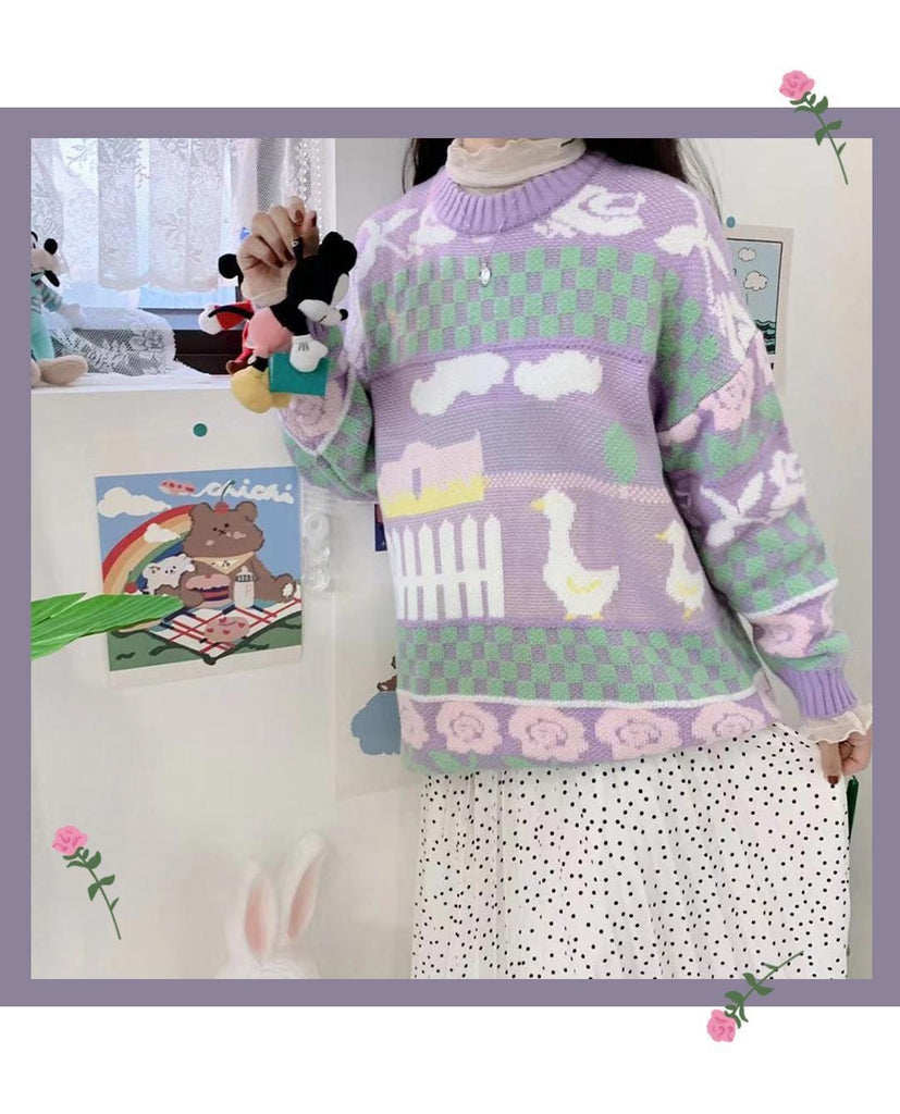 On Duck Farm Pullover Sweater purple Clothing and Accessories The Kawaii Shoppu
