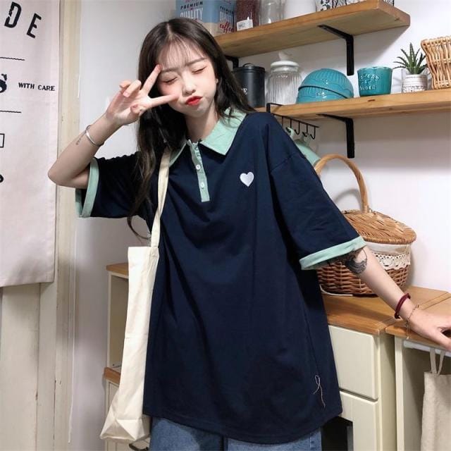 Original Kawaii Love Casual Loose Korean Polo T-shirt Blue One Size Clothing and Accessories The Kawaii Shoppu