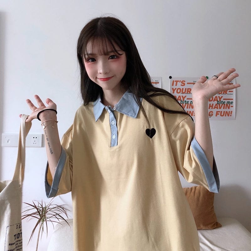 Original Kawaii Love Casual Loose Korean Polo T-shirt One Size Clothing and Accessories The Kawaii Shoppu