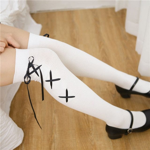 Over Knee Cross Ribbon Stocking Socks B One Size Fashion The Kawaii Shoppu