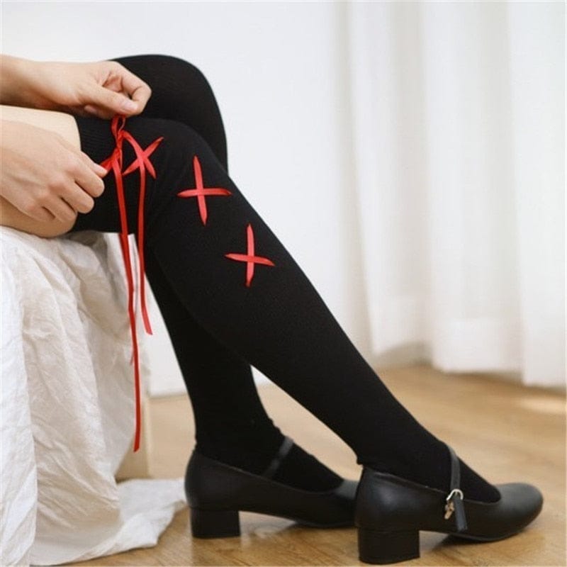 Over Knee Cross Ribbon Stocking Socks One Size Fashion The Kawaii Shoppu
