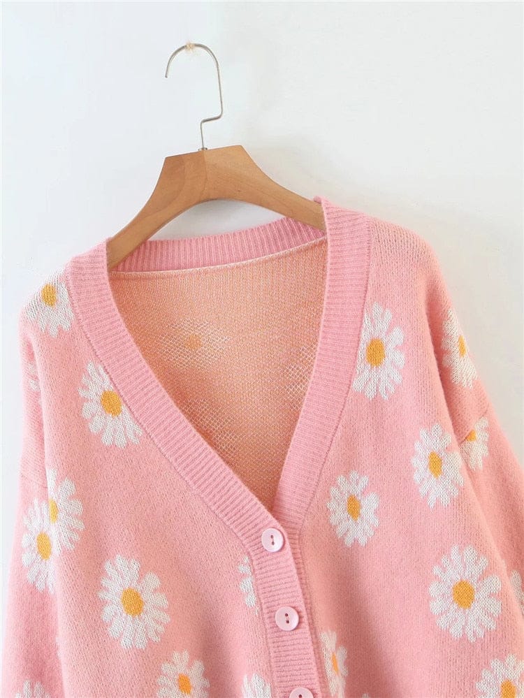 Retro Daisy Print Knitted Cardigan Clothing and Accessories The Kawaii Shoppu