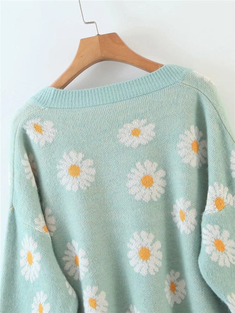 Retro Daisy Print Knitted Cardigan Clothing and Accessories The Kawaii Shoppu
