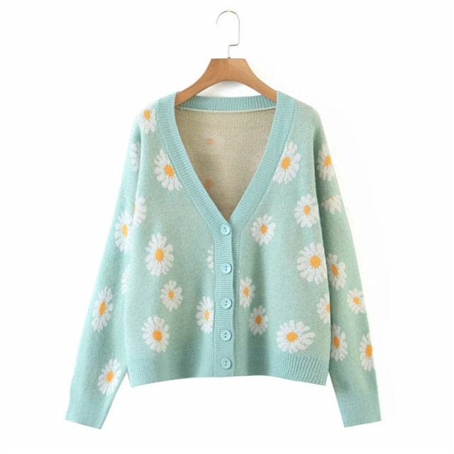 Retro Daisy Print Knitted Cardigan S Bluish green Clothing and Accessories The Kawaii Shoppu