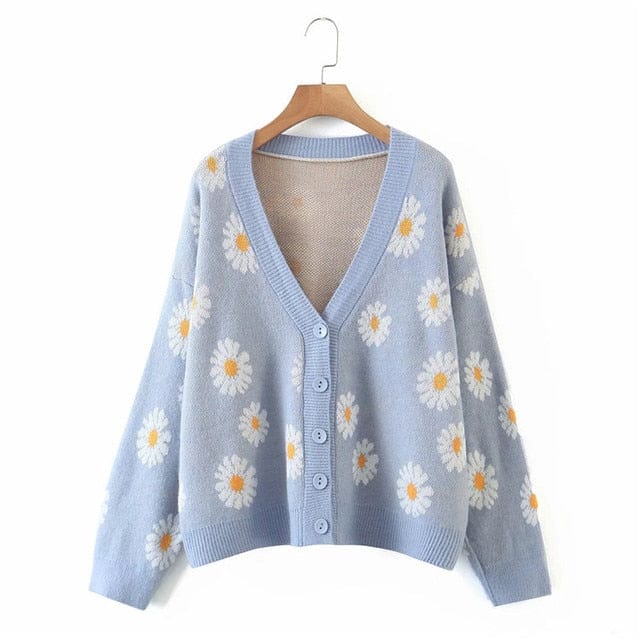 Retro Daisy Print Knitted Cardigan S Light blue Clothing and Accessories The Kawaii Shoppu
