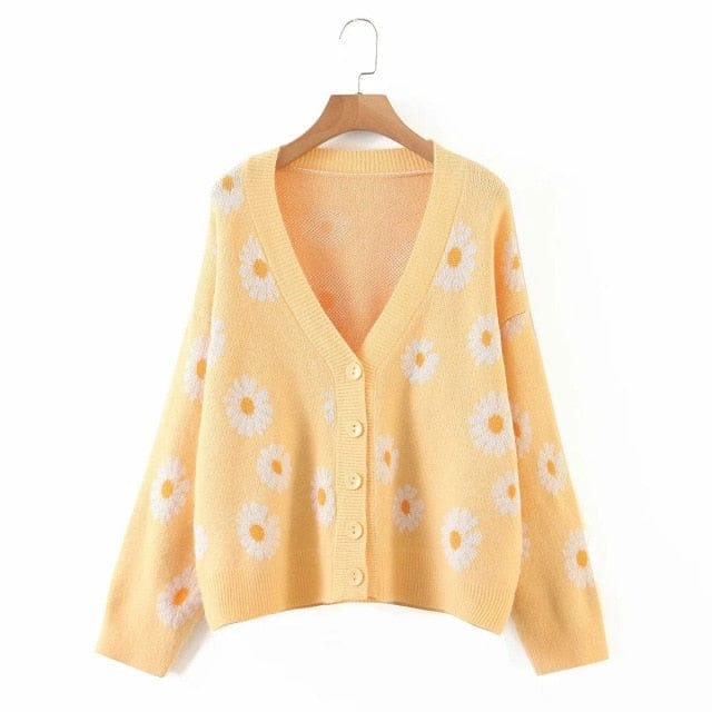 Retro Daisy Print Knitted Cardigan S Light Yellow Clothing and Accessories The Kawaii Shoppu