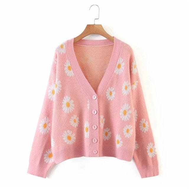 Retro Daisy Print Knitted Cardigan S Pink Clothing and Accessories The Kawaii Shoppu