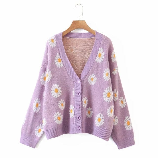 Retro Daisy Print Knitted Cardigan S Purple Clothing and Accessories The Kawaii Shoppu