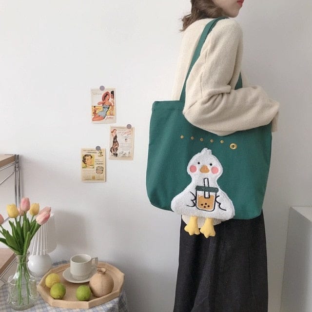 Shoppu Duck Canvas Tote Bag Milk Tea Green Bags The Kawaii Shoppu