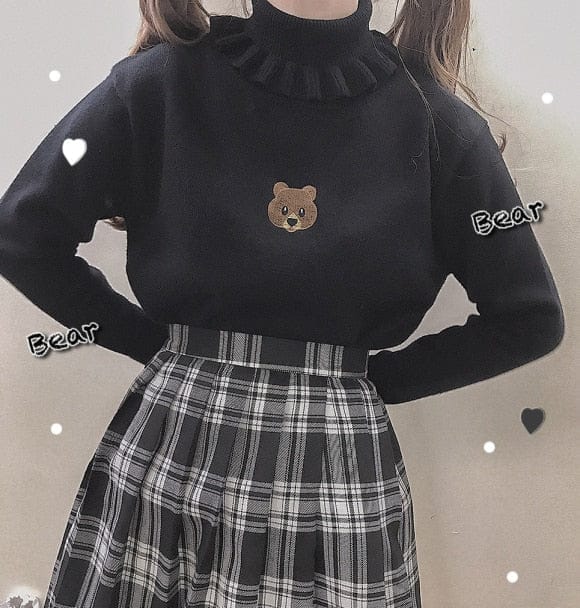 'Soft Girl' Teddy High Neck Pullover One Size Black Sweater M Fashion The Kawaii Shoppu