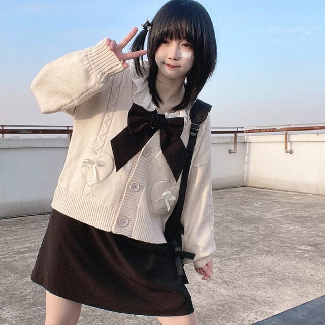 Spring Knit Cute Bow Cardigan Sweater One Size Beige Clothing and Accessories The Kawaii Shoppu