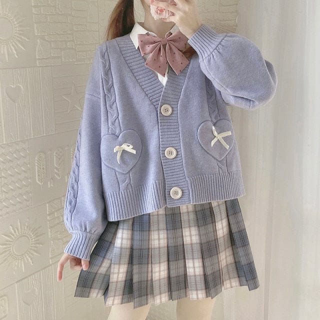 Spring Knit Cute Bow Cardigan Sweater One Size Blue Clothing and Accessories The Kawaii Shoppu
