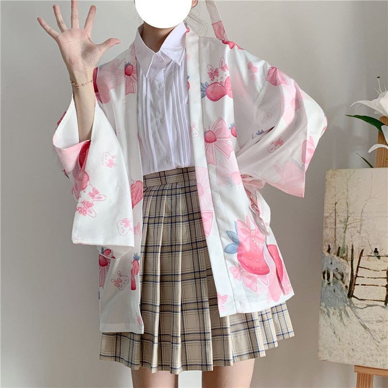 Strawberry Bunny Kimono Sleeve Cardigan One Size Clothing and Accessories The Kawaii Shoppu