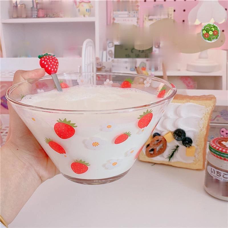 Strawberry Printed Glass Breakfast Bowl With Spoon Home & Kitchen The Kawaii Shoppu