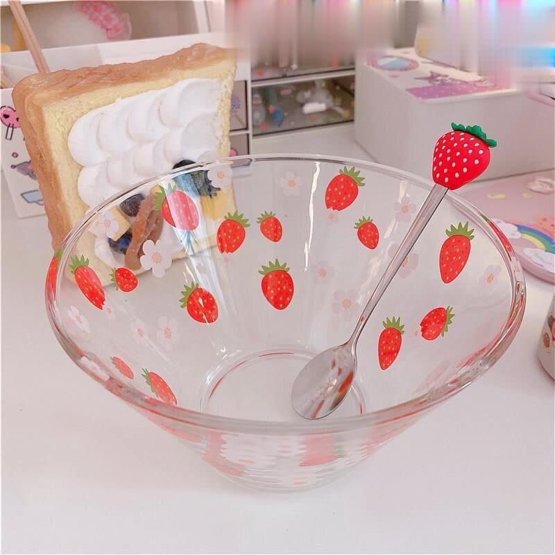 Strawberry Printed Glass Breakfast Bowl With Spoon Home & Kitchen The Kawaii Shoppu
