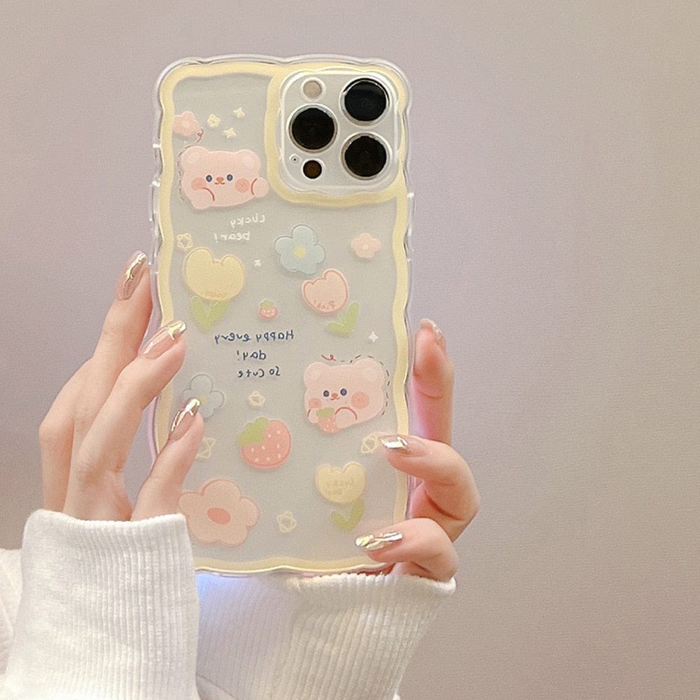 Sweet Summer Chocolate Bear Flowers Transparent Phone Case For iPhone 01 Phone Cases & Covers The Kawaii Shoppu