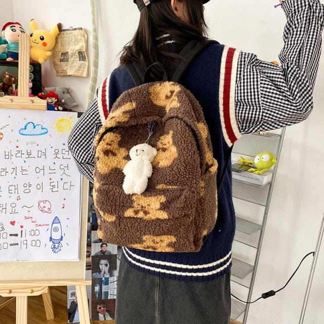 Teddy Bear Fuzzy Backpack Brown with bear Bags The Kawaii Shoppu