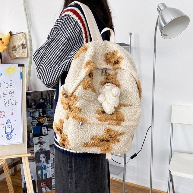 Teddy Bear Fuzzy Backpack White with bear Bags The Kawaii Shoppu
