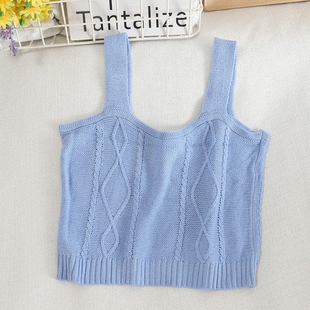 WildFlower Knit Strap Crop Cami PLAIN BLUE One Size Fashion The Kawaii Shoppu