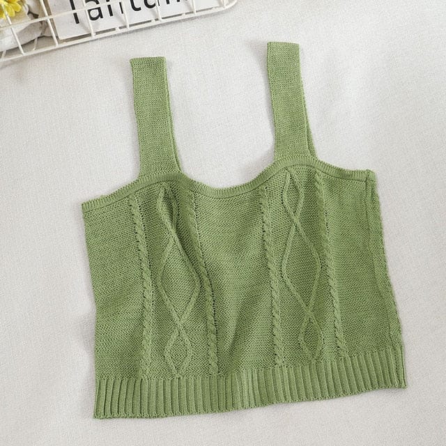 WildFlower Knit Strap Crop Cami PLAIN GREEN One Size Fashion The Kawaii Shoppu