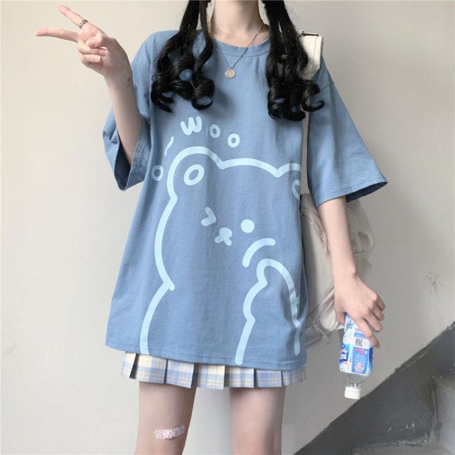 Woo Bear Soft Girl T-shirt Blue S Clothing and Accessories The Kawaii Shoppu